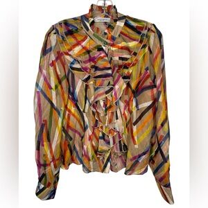 Lola & Sophie Ruffle Front Blouse Multicolor Brushstroke Print Size Small